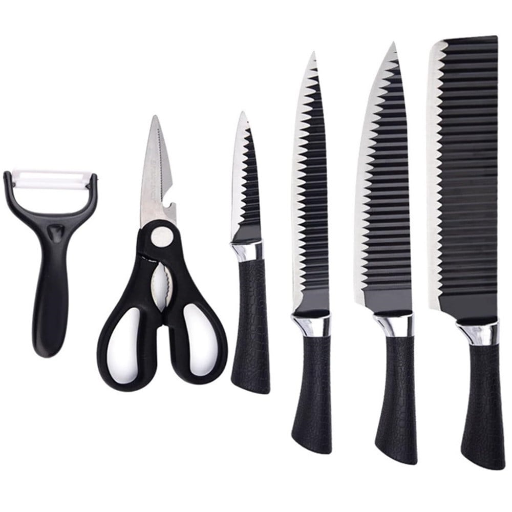 SET COLTELLI CUCINA ACCIAIO 6PZ MANICO SILICONE MOTIVO ONDULATO NERO
