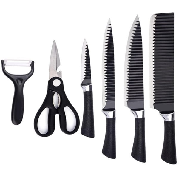 SET COLTELLI CUCINA ACCIAIO 6PZ MANICO SILICONE MOTIVO ONDULATO NERO