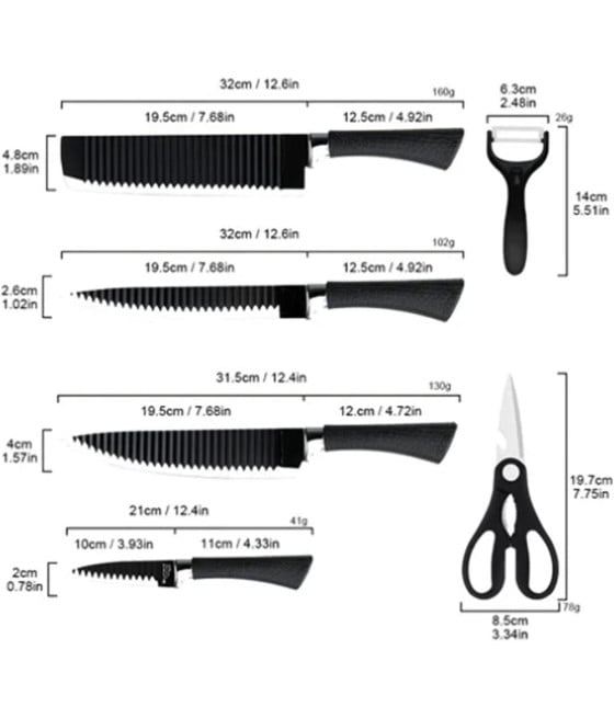 SET COLTELLI CUCINA ACCIAIO 6PZ MANICO SILICONE MOTIVO ONDULATO NERO