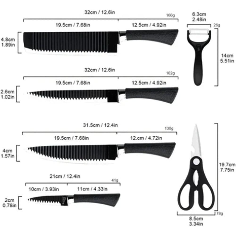SET COLTELLI CUCINA ACCIAIO 6PZ MANICO SILICONE MOTIVO ONDULATO NERO