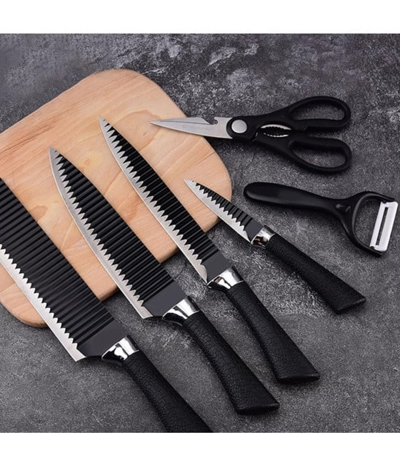 SET COLTELLI CUCINA ACCIAIO 6PZ MANICO SILICONE MOTIVO ONDULATO NERO