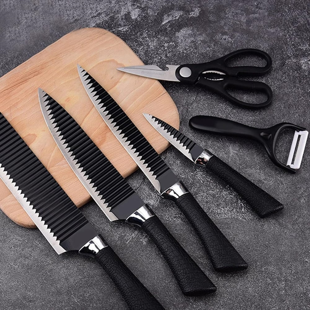 SET COLTELLI CUCINA ACCIAIO 6PZ MANICO SILICONE MOTIVO ONDULATO NERO