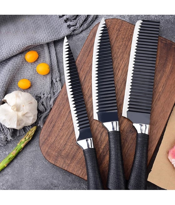 SET COLTELLI CUCINA ACCIAIO 6PZ MANICO SILICONE MOTIVO ONDULATO NERO