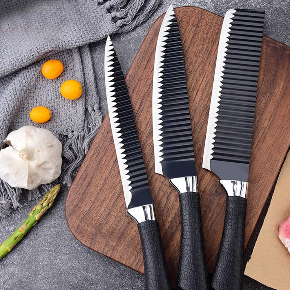 SET COLTELLI CUCINA ACCIAIO 6PZ MANICO SILICONE MOTIVO ONDULATO NERO