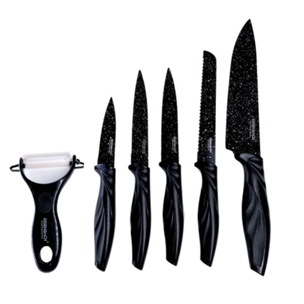 SET COLTELLI RIVESTITI MARMO MANICI ERGONOMICI ANTISCIVOLO 6PZ NERO