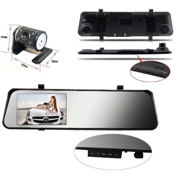 SPECCHIETTO RETROVISORE MONITOR DVR REGISTRA VIDEO RETROMARCIA 2 TELECAMERE AUTO