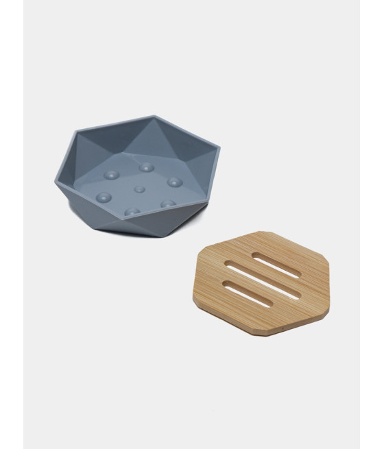 PIATTINO PORTA SAPONE SAPONETTA ESAGONALE GEOMETRICO GRIGIO LEGNO 10848