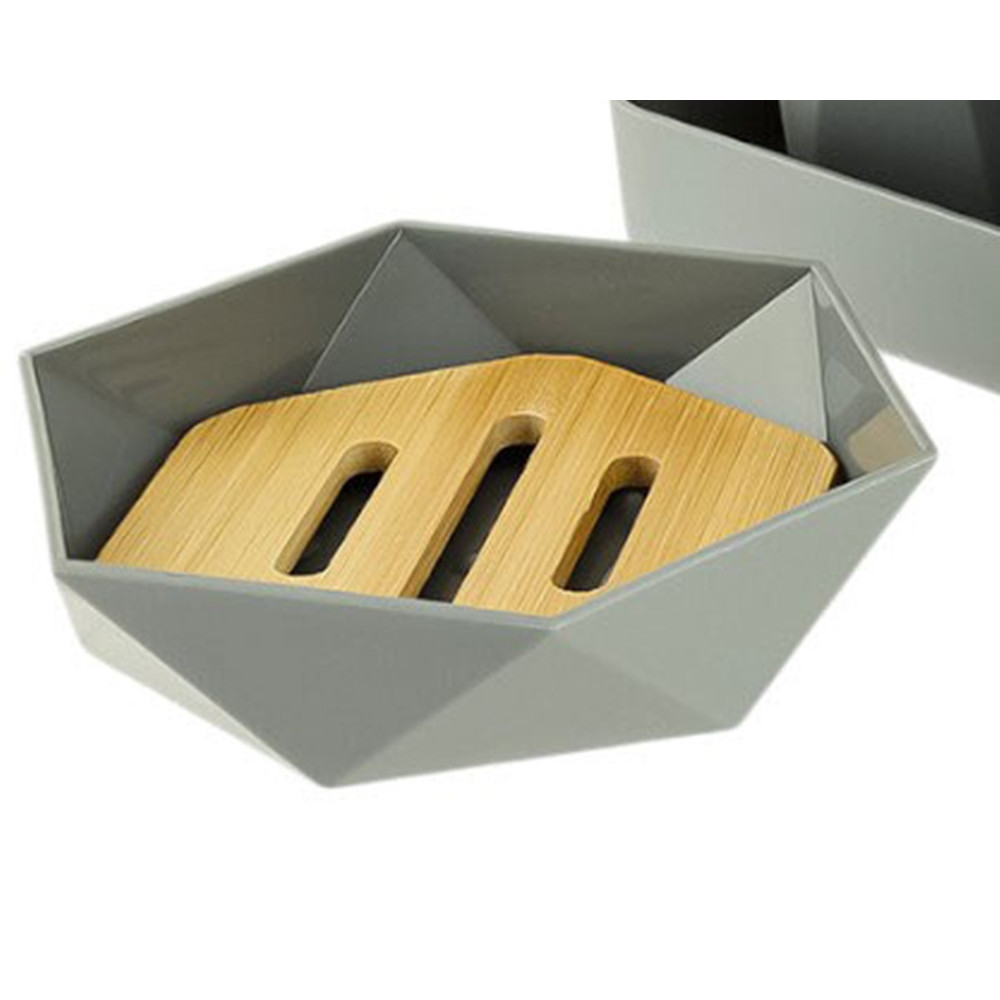 PIATTINO PORTA SAPONE SAPONETTA ESAGONALE GEOMETRICO GRIGIO LEGNO 10848