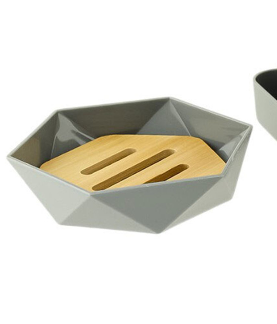 PIATTINO PORTA SAPONE SAPONETTA ESAGONALE GEOMETRICO GRIGIO LEGNO 10848