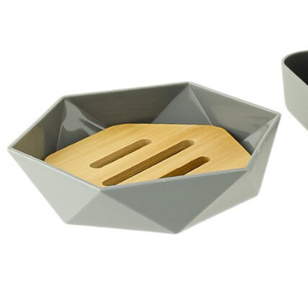 PIATTINO PORTA SAPONE SAPONETTA ESAGONALE GEOMETRICO GRIGIO LEGNO 10848