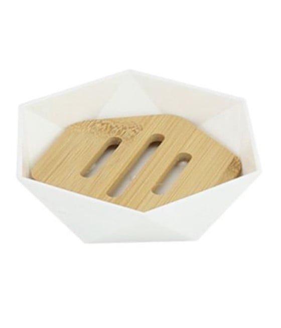 PIATTINO PORTA SAPONE SAPONETTA ESAGONALE GEOMETRICO BIANCO LEGNO 10838