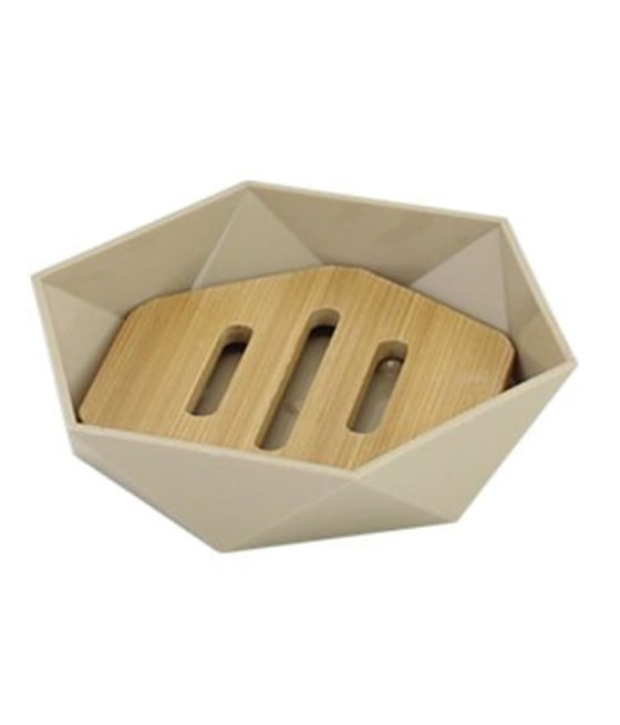 PIATTINO PORTA SAPONE ESAGONALE GEOMETRICO BEIGE LEGNO 10843