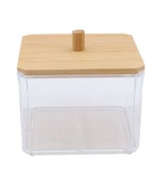 CONTENITORE ORGANIZER COSMETICI QUADRATO TRASPARENTE COPERCHIO LEGNO
