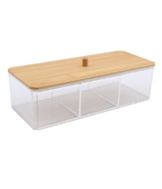 CONTENITORE ORGANIZER COSMETICI 3 SCOMPARTI TRASPARENTE COPERCHIO LEGNO