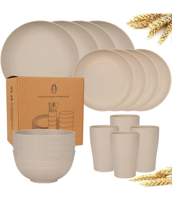 SET 16 STOVIGLIE IN PAGLIA DI GRANO INFRANGIBILI POSATE RIUTILIZZABILI