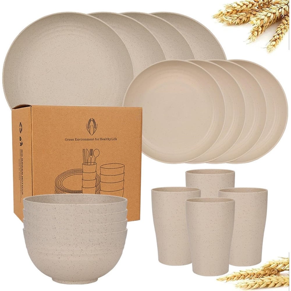 SET 16 STOVIGLIE IN PAGLIA DI GRANO INFRANGIBILI POSATE RIUTILIZZABILI