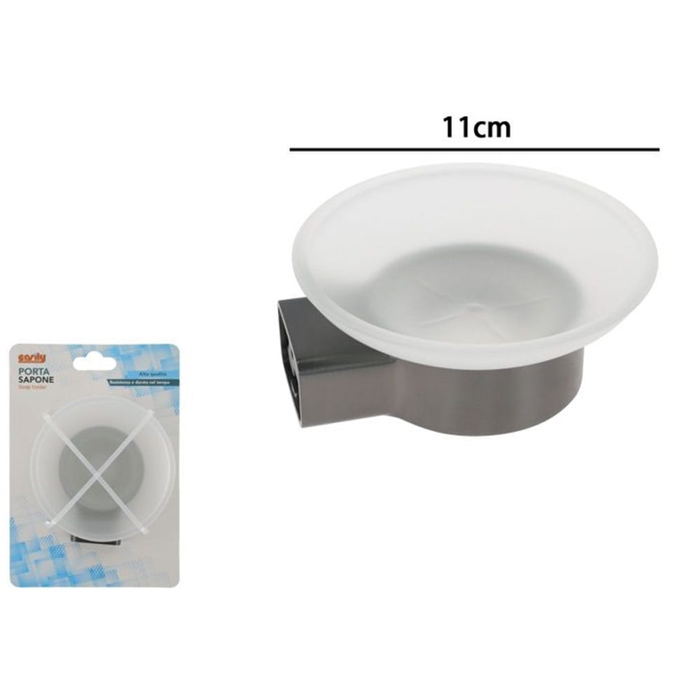 PORTA SAPONE PARETE ACCIAIO GRIGIO PIATTINO VETRO SATINATO BAGNO 87937