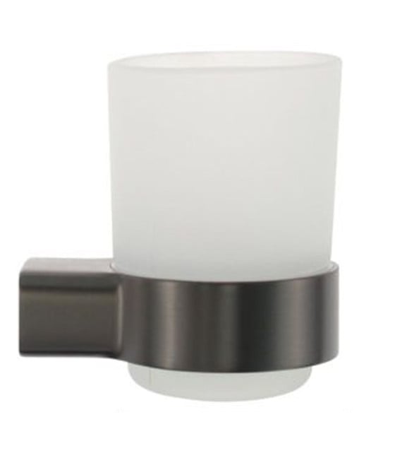 PORTA SPAZZOLINI PARETE ACCIAIO GRIGIO BICCHIERE VETRO SATINATO 87938