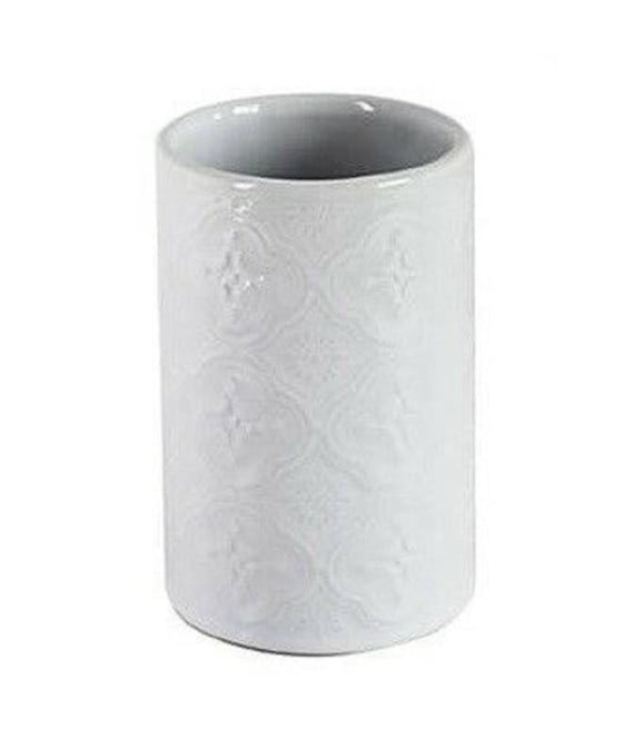 BICCHIERE PORTA SPAZZOLINI DENTIFRICIO BAGNO CERAMICA BIANCA DECORATA