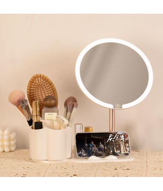 SPECCHIO TRUCCO TAVOLO LUCE LED PORTAOGGETTI GIREVOLE PORTACELLULARE