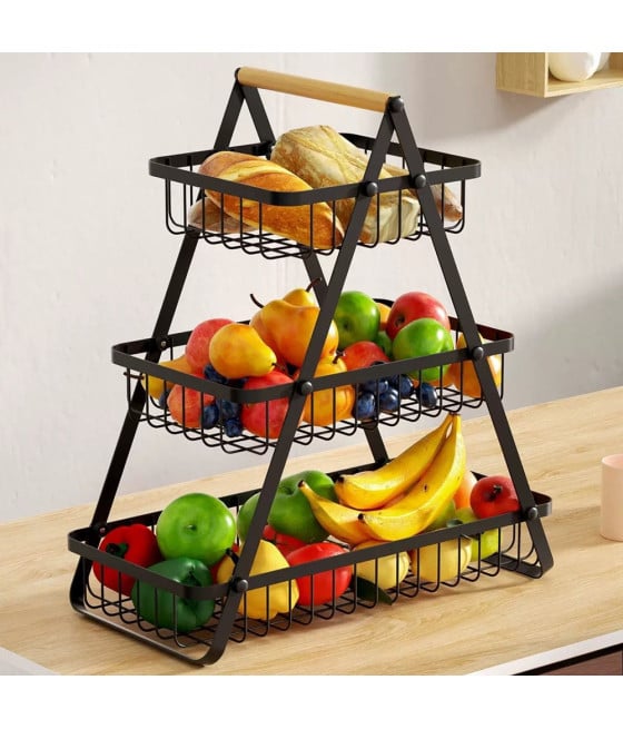 CESTINO PORTA FRUTTA RETTANGOLARE 3 RIPIANI MANICO LEGNO CUCINA CASA