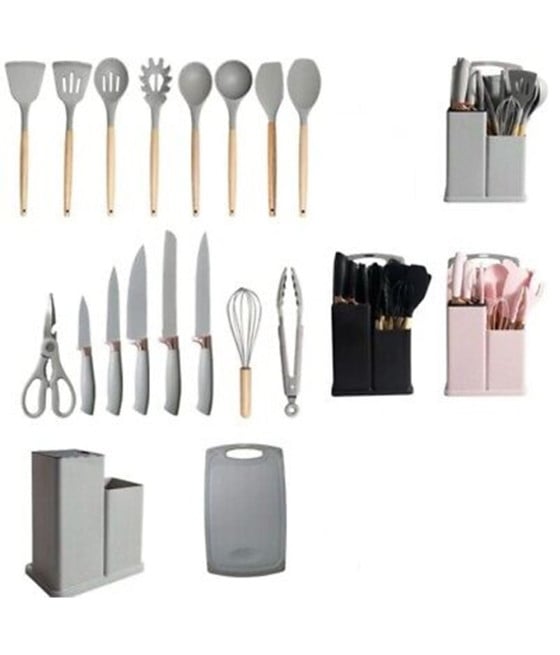 SET UTENSILI COLTELLI DA CUCINA CHEF 19PZ IN SILICONE CON MANICO LEGNO