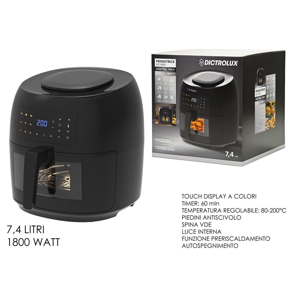 FRIGGITRICE AD ARIA CON OBLÒ 7,4LT TEMPERATURA REGOLABILE 9 PROGRAMMI 1800W