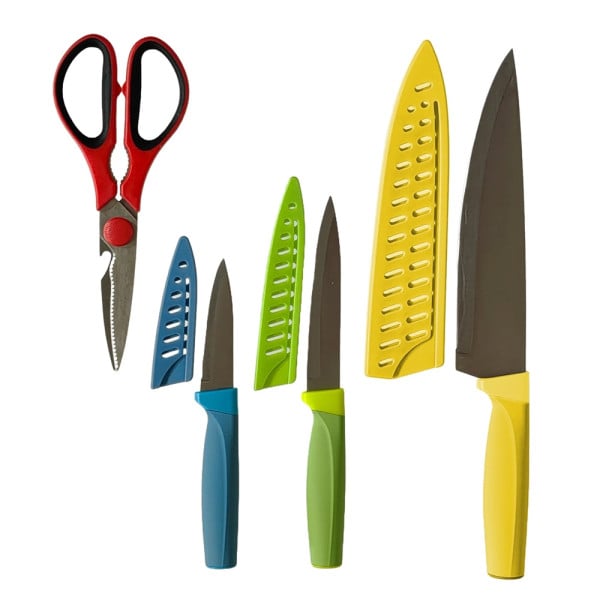 SET 3 COLTELLI CHEF FRUTTA MULTIUSO CON COPRILAMA + FORBICI IN ACCIAIO