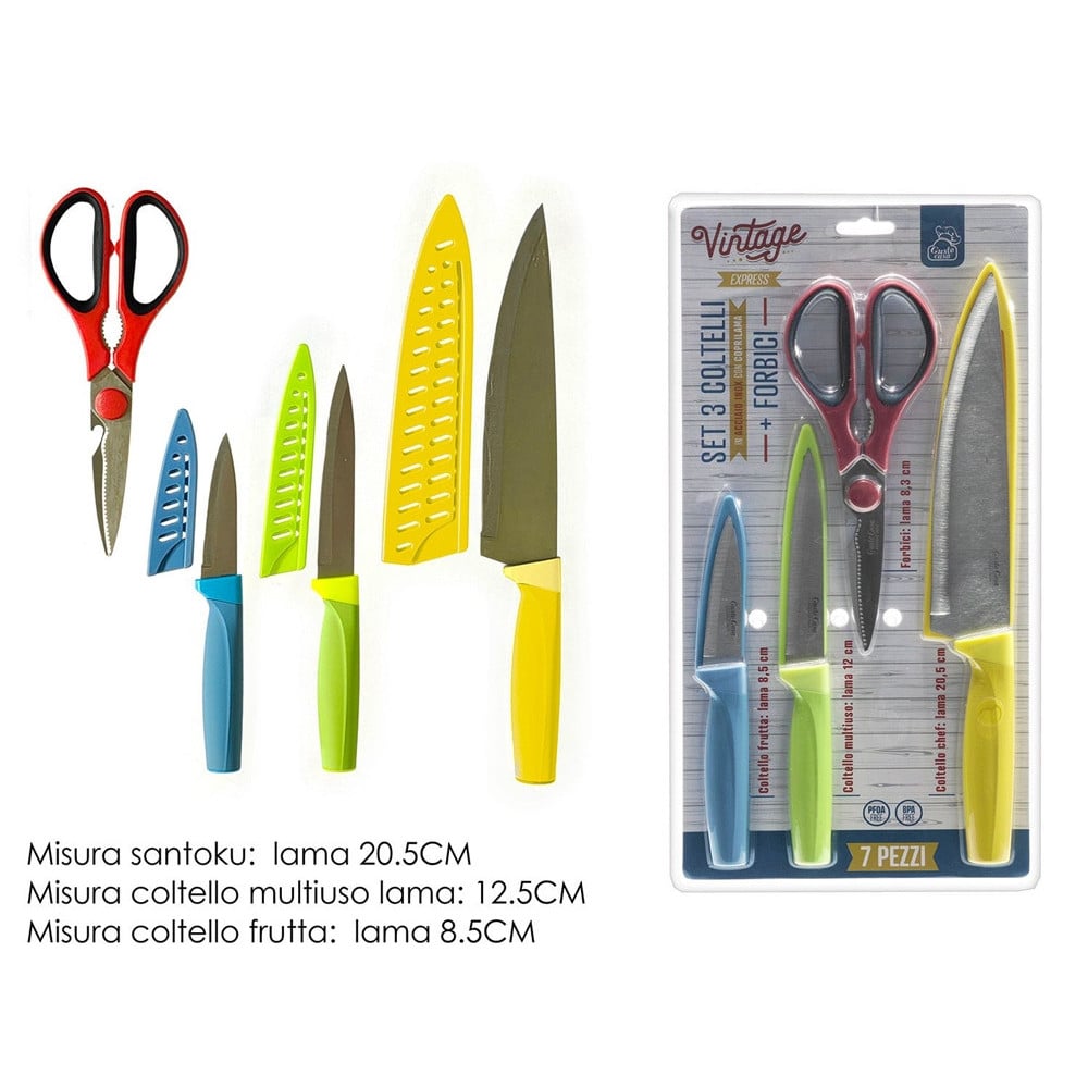 SET 3 COLTELLI CHEF FRUTTA MULTIUSO CON COPRILAMA + FORBICI IN ACCIAIO