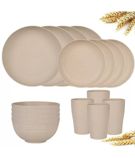 SET 16 STOVIGLIE IN PAGLIA DI GRANO INFRANGIBILI POSATE RIUTILIZZABILI