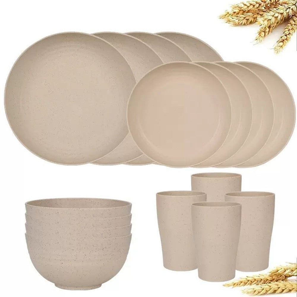 SET 16 STOVIGLIE IN PAGLIA DI GRANO INFRANGIBILI POSATE RIUTILIZZABILI