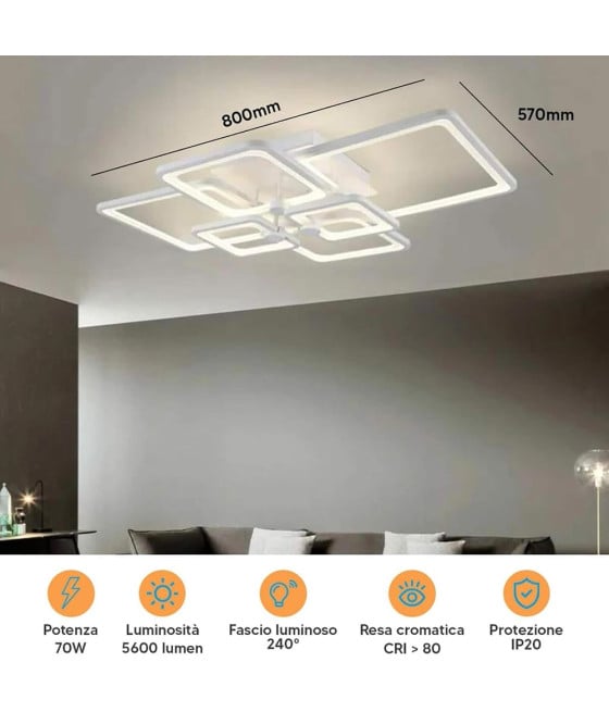 PLAFONIERA LED 70W CCT 6 QUADRATI LAMPADA GEOMETRICA C26-B3C