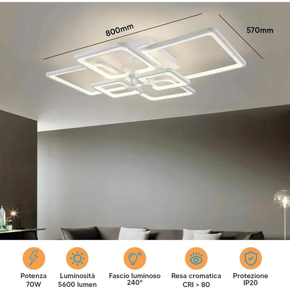 PLAFONIERA LED 70W CCT 6 QUADRATI LAMPADA GEOMETRICA C26-B3C