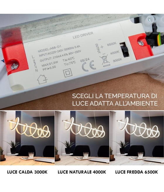 LAMPADARIO LED 60 WATT LAMPADA TWIST BIANCO STILIZZATO CCT A68-B3C