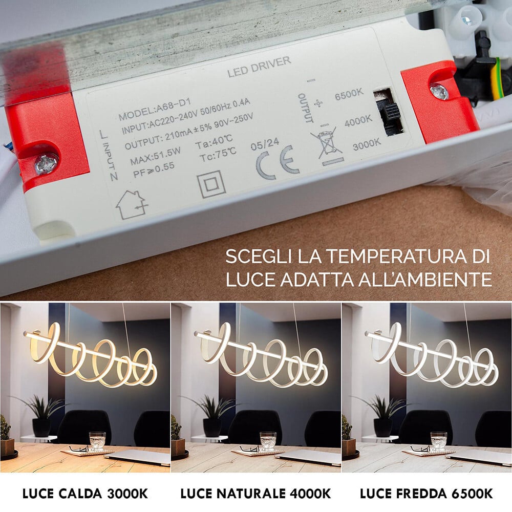 LAMPADARIO LED 60 WATT LAMPADA TWIST BIANCO STILIZZATO CCT A68-B3C
