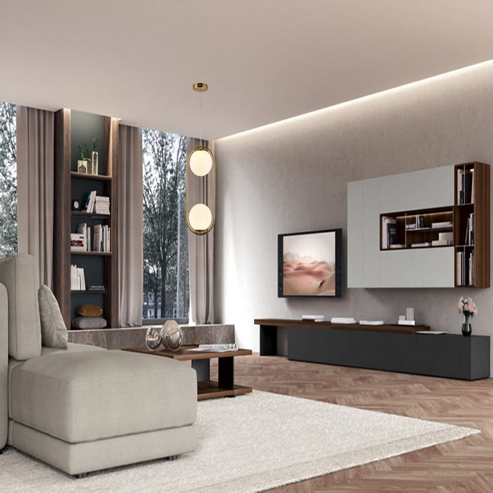 LAMPADARIO SOSPENSIONE OVALE BRONZO CON DUE SFERE VETRO METALLO G9 A33