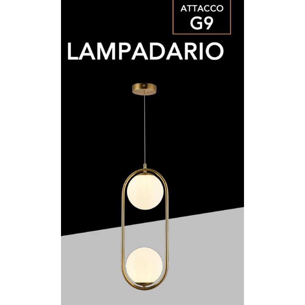 LAMPADARIO SOSPENSIONE OVALE BRONZO CON DUE SFERE VETRO METALLO G9 A33