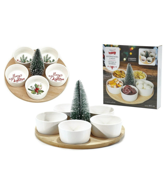 SET ANTIPASTIERA 5 POSTI ANTIPASTI CON BASE BAMBOO COPPETTE CERAMICA