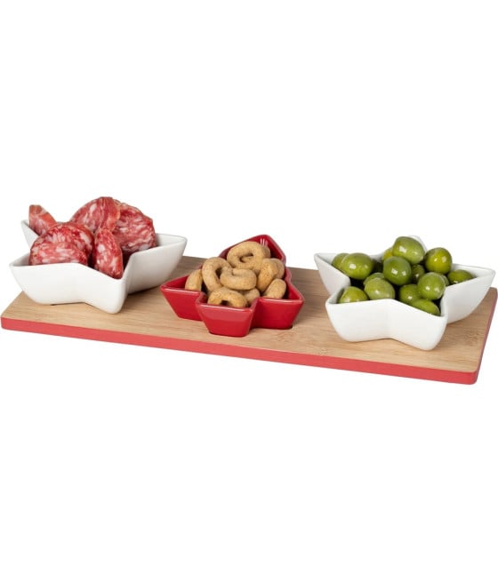 ANTIPASTIERA 3 POSTI VASSOIO BASE BAMBOO 3 COPPETTE CERAMICA NATALIZIE