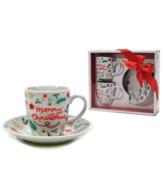 2 TAZZINE CAFFÈ 8 CL BIANCHE CON PIATTINO IN CERAMICA DECORO NATALIZIO