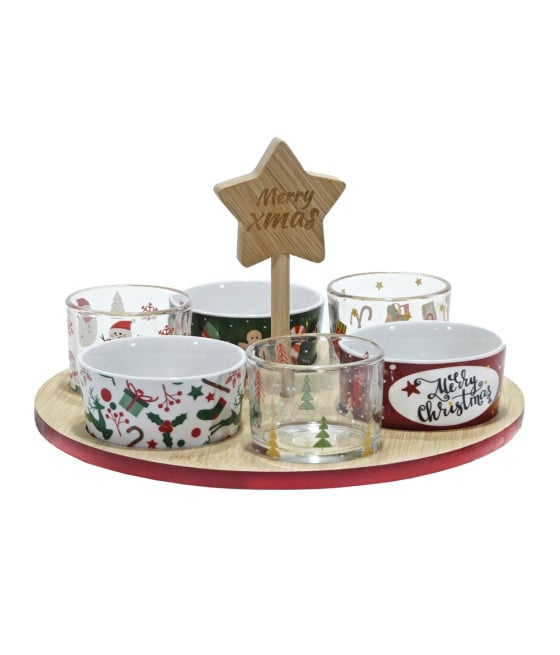 SET ANTIPASTIERA NATALIZIA BASE IN BAMBO Ø27CM CON 6 CIOTOLE ASSORTITE