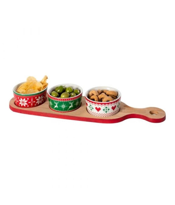 ANTIPASTIERA NATALIZIA 3 COPPETTE CON BASE IN BAMBOO APERITIVO TAVOLA