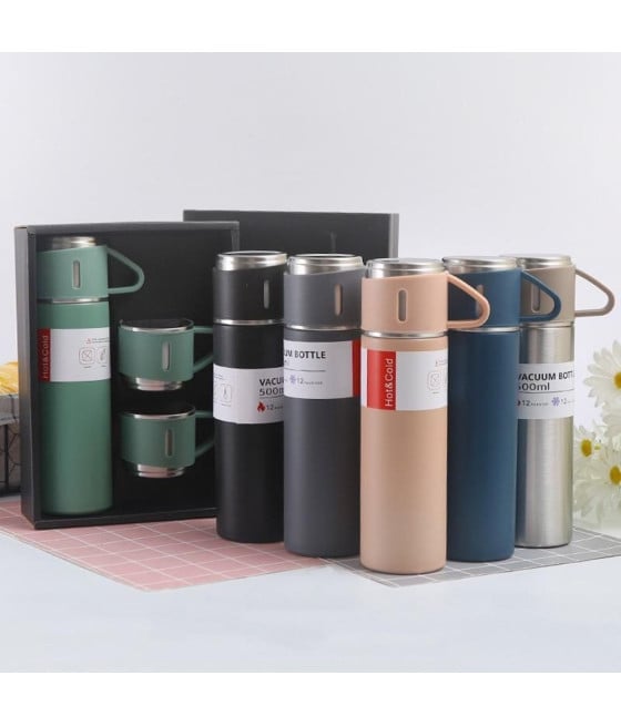 THERMOS IN ACCIAIO A DOPPIA PARETE 500ML CON 2 TAZZE TERMICHE REGALO