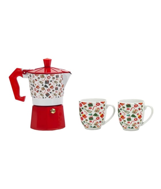 BOX CAFFETTIERA MOKA CON 2 TAZZE IN CERAMICA ABBINATE NATALIZIO REGALO
