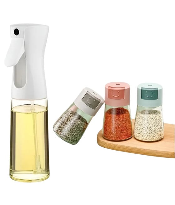 DISPENSER SPRAY OLIO CON 3 CONTENITORI DOSATORE CONDIMENTI SPEZIE SALE