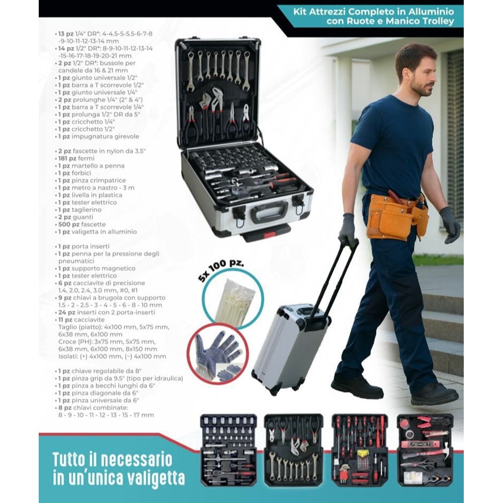 KIT ATTREZZI VALIGETTA PROFESSIONALE 799PZ CON RUOTE COMPLETO FAI DA TE