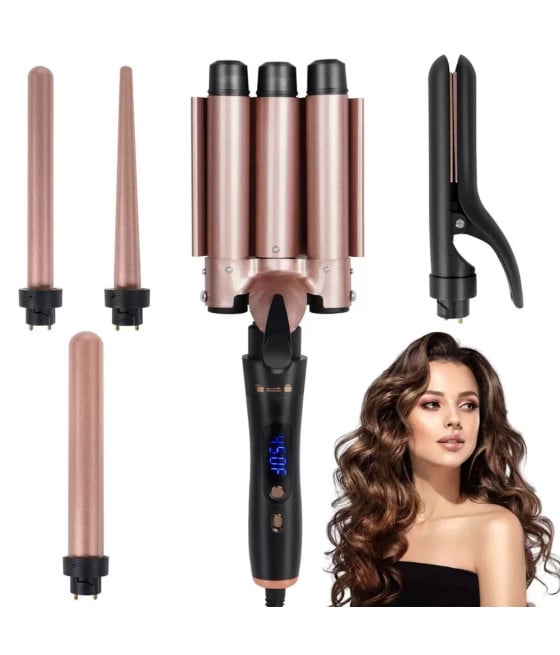 SET 5IN1 PIASTRA CAPELLI 3 CONI ARRICCIACAPELLI LISCI ONDE CERAMICA