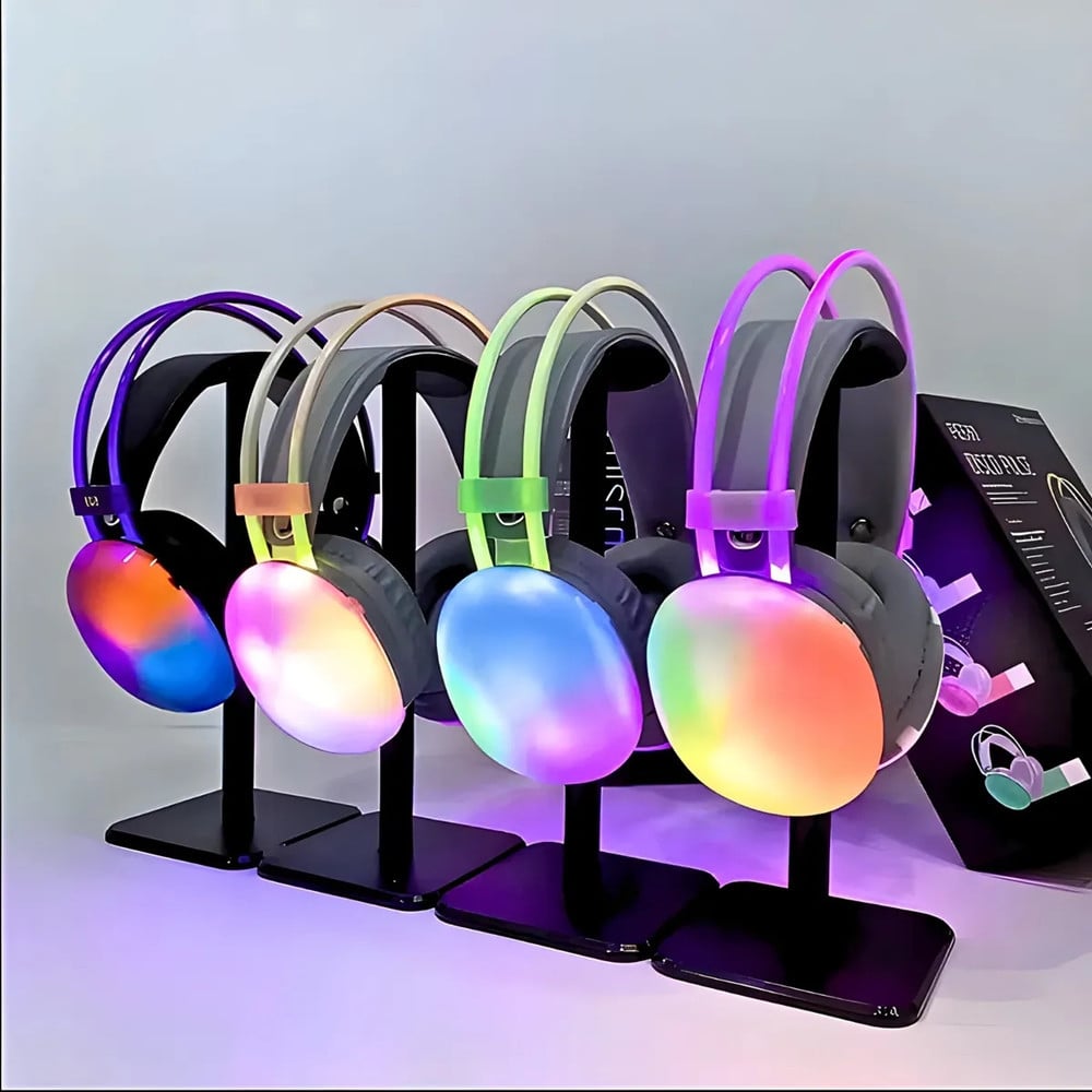 CUFFIE WIRELESS RICARICABILE BLUETOOTH LUCI RGB LED MUSICA SMARTPHONE