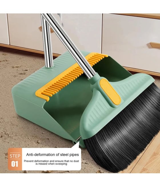 SET COMBINATO SCOPA + PALETTA DENTI 2 IN 1 MANICI ACCIAIO PULIZIA CASA