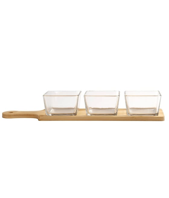 ANTIPASTIERA CON 3 CIOTOLE VETRO VASSOIO BASE BAMBOO SALSE FINGER FOOD